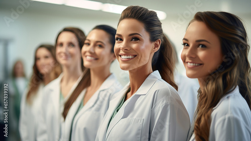 Group of cheerful female doctors in hospital.