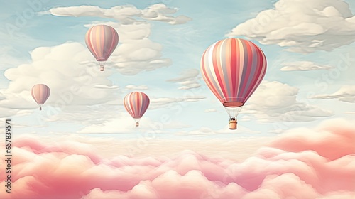  a painting of hot air balloons flying in the sky above clouds. generative ai