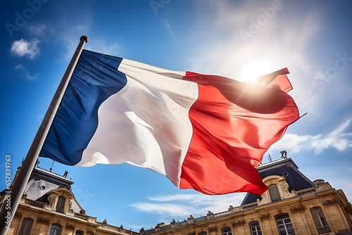 A stunning French national tricolor flag flies in the wind on a flagpole with traditional French buildings in the background. Natural daylight.  photo