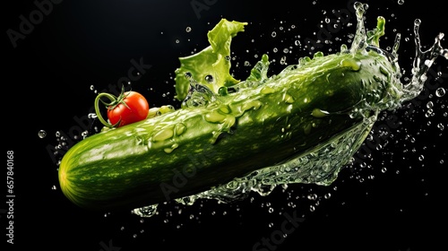  a cucumber with water splashing on it and a red pepper.  generative ai