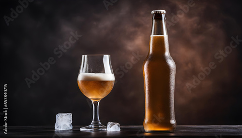 Ice cold light beer in a glass and Bottle with ice. Dark background.