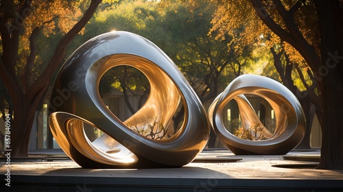 A tranquil outdoor sculpture garden where nature and art blend seamlessly.