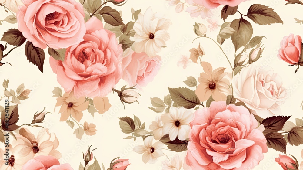  a floral wallpaper with pink and white flowers on a cream background.  generative ai