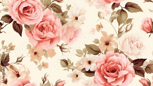  a floral wallpaper with pink and white flowers on a cream background.  generative ai