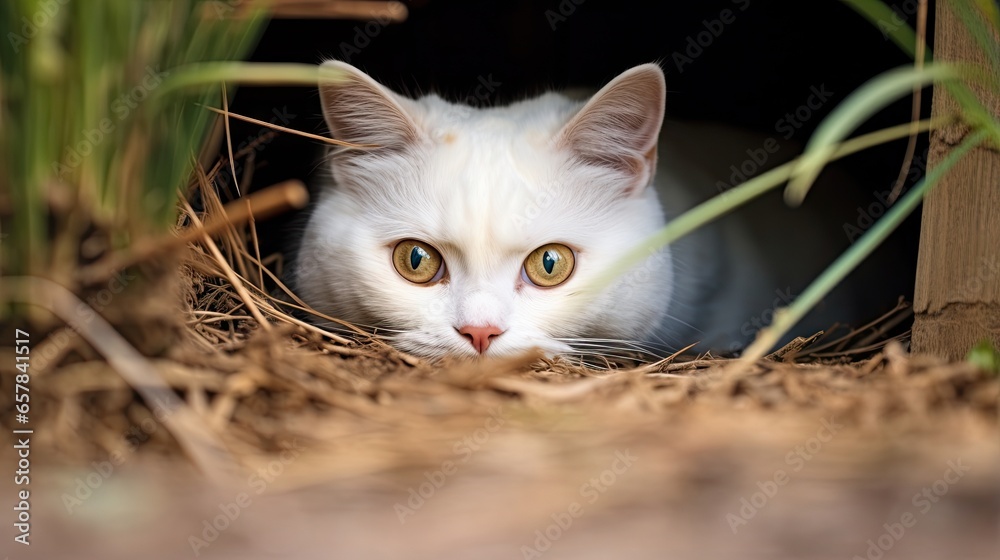  a white cat with green eyes hiding in a hole in the ground.  generative ai
