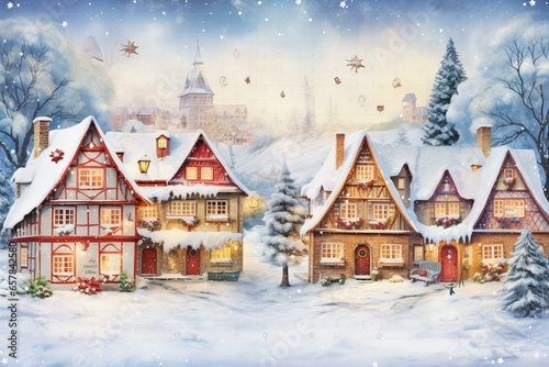Festive holiday calendar featuring a picturesque winter village scene. Generative AI