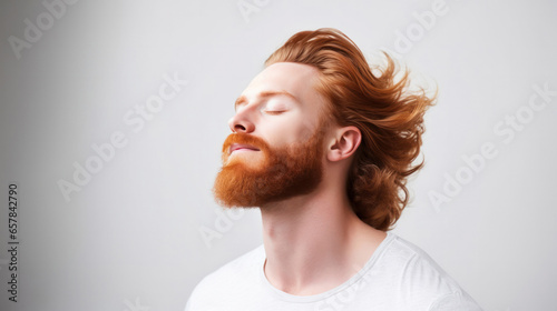 Elegance in Grooming: Wind-Blown Red Hair Studio Portrait for Men