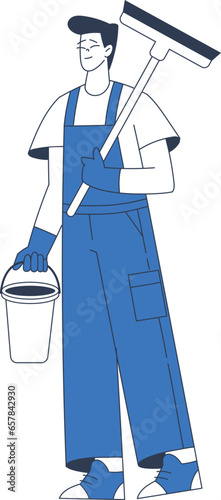 Cleaning Service with Professional Man Worker Character Standing with Mop and Bucket Vector Illustration