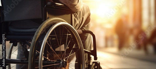 Banner of a man in a wheelchair without face. Close-up. Dramatic style. Patient with disability. Man with disability