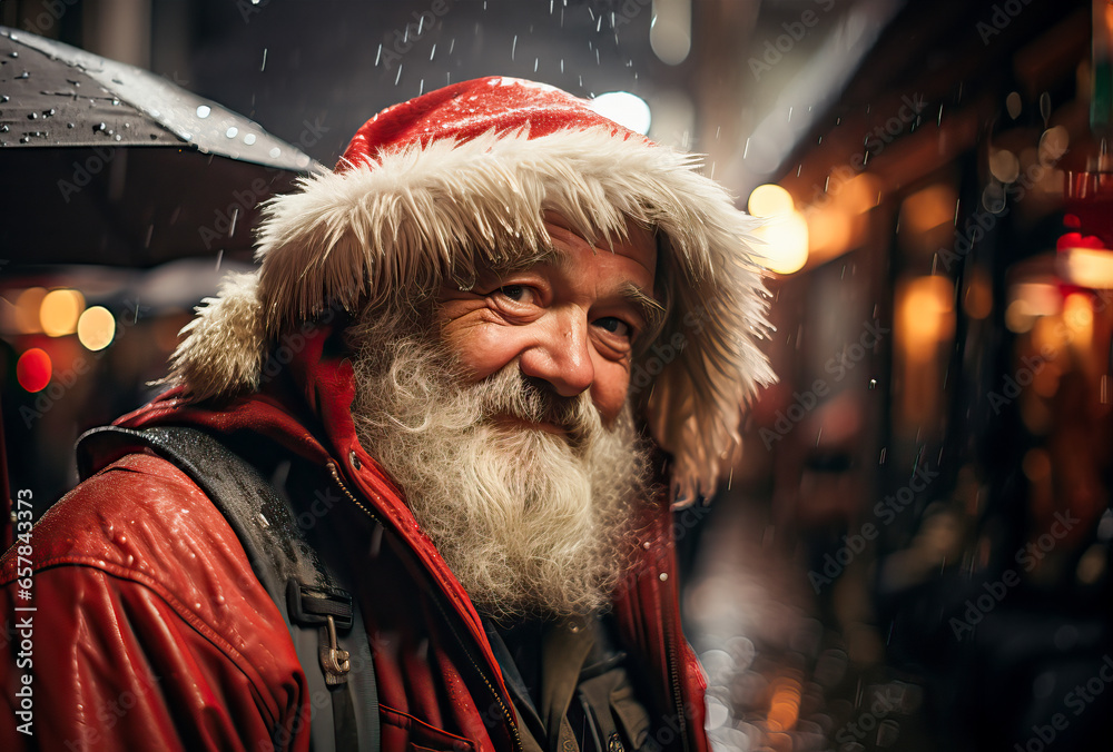 A man in a Santa hat holding an umbrella, spreading holiday cheer