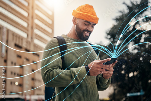Man, phone and hologram for city communication, networking and connection or student travel with internet speed. Person typing on mobile app, digital chat and job search or career application overlay