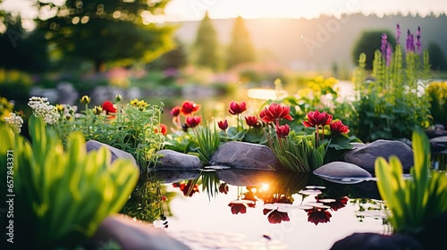 Magnificent view of flowers in the garden under the morning sun. #657843371