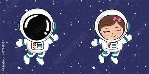 Cute Astronaut Floating In Space Cartoon Vector Icon Illustration. Technology Science Icon Concept Isolated Premium Vector. - Cute kid girl astronaut in space galaxy. Cartoon Vector Icon Illustration.
