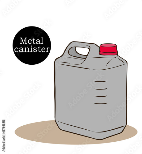 empty metal canister with red stopper for gasoline, diesel fuel and lubricating fluids. fuel tank for refueling gas tank of car. steel barrel, aluminum barrel for oil storage.
