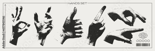 Hands set with a retro photocopy effect. Trendy y2k elements for design. Grain effect and stippling. Vector dots texture.