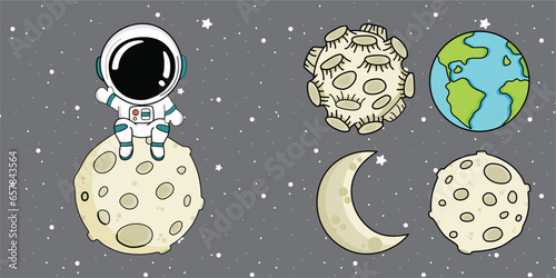 Cute Astronaut Sitting On Moon Cartoon Vector Icon Illustration. Science. Flat Cartoon Style - Drawing moon, moon crater, full moon, new moon. Drawing planet earth. Cartoon style.