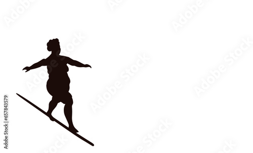 The illustration of an overweight woman walking on a tightrope