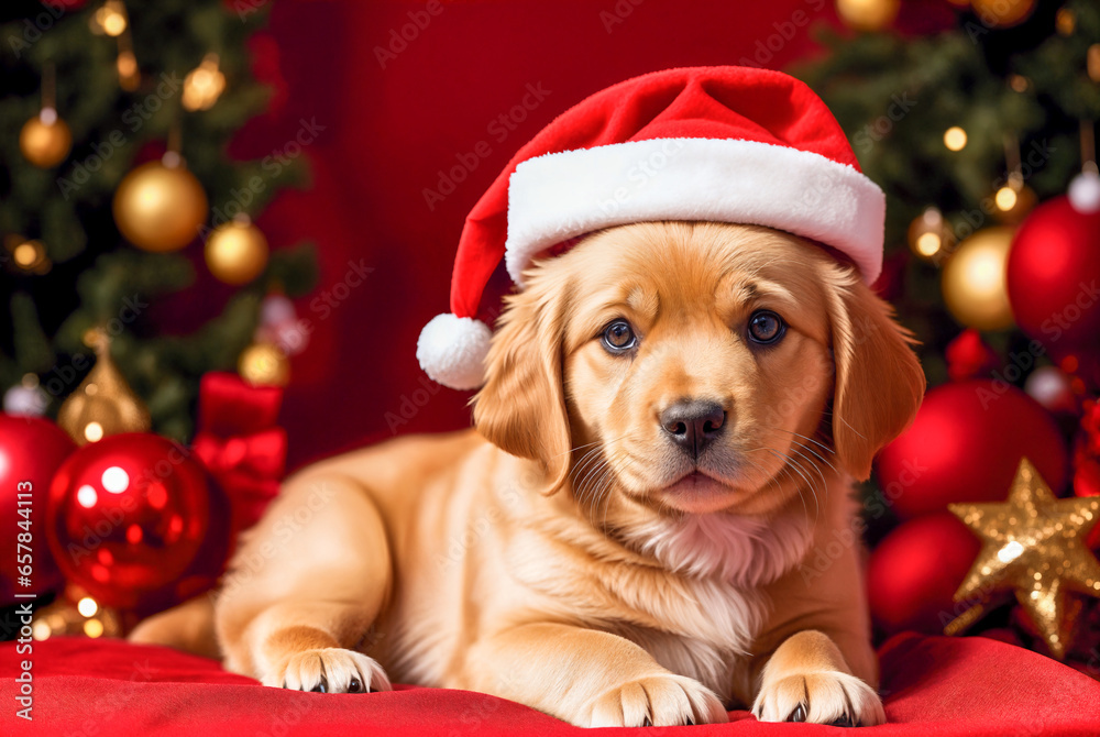 Golden retriever in a Santa Claus hat against the background of a New Year tree.New Year 2024.Creative designer art.