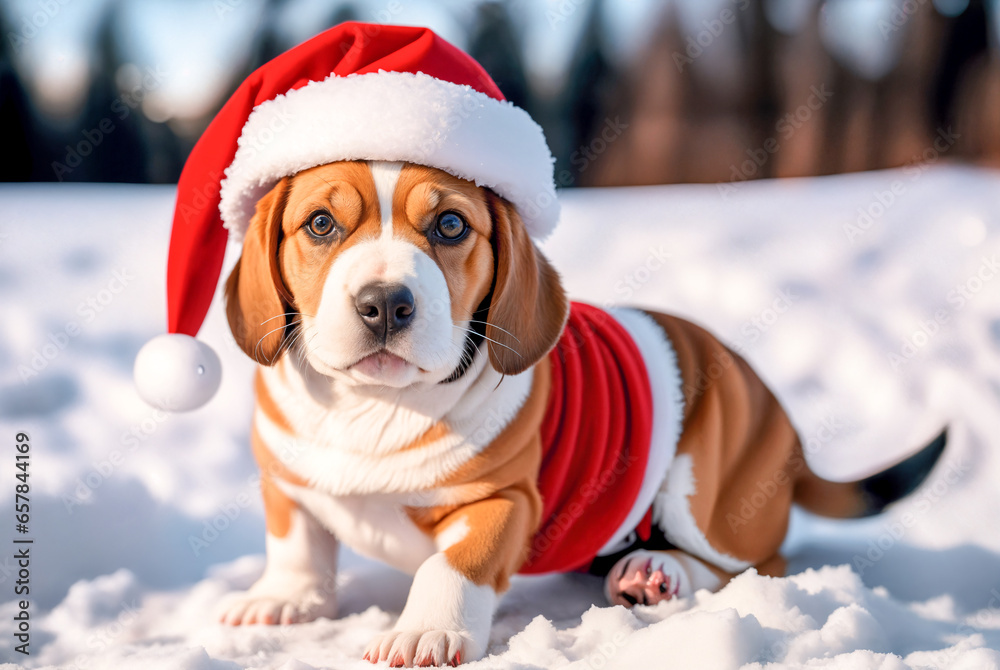 Golden retriever in a Santa Claus hat in the winter forest on the snow.New Year 2024.Creative designer art.