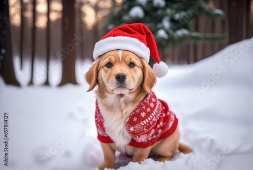 Golden retriever in a Santa Claus hat in the winter forest on the snow.New Year 2024.Creative designer art. © vladnikon