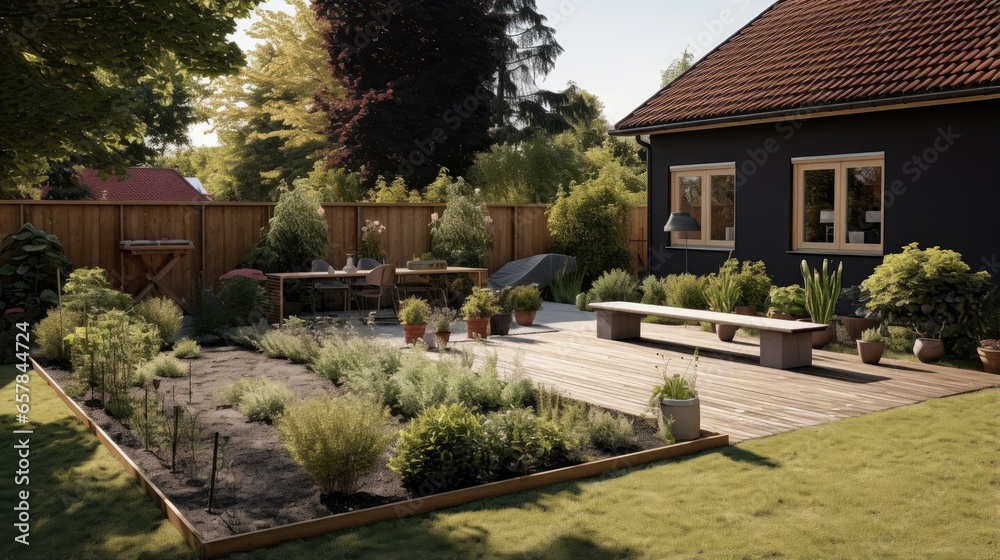 Green backyard garden in minimalist style with various plants