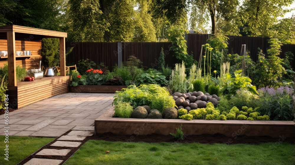 Fototapeta premium Green backyard garden in minimalist style with various plants