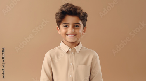 Radiant Youth: A Joyful and Content Youngster in Neutral Attire, Poses Gracefully Against a Serene Beige Studio Backdrop..