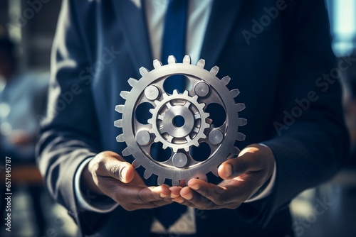 An office worker holds a cogwheel as a symbol of unity and teamwork in the corporate workplace
