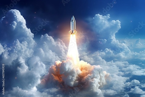 Rocket launch through clouds, stars to outer space, background sky, clouds, spaceship flight. Elements by NASA. Generative AI