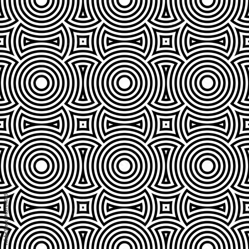 Black figures background. Circles and squares texture. Ethnic motif. Seamless surface pattern design with circular embroidery ornament. Digital paper with rings for textile print, web designing.