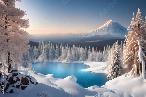 A photorealistic 3D rendering of a winter wonderland with snow-capped mountains, frozen lakes, and fiery volcanoes.