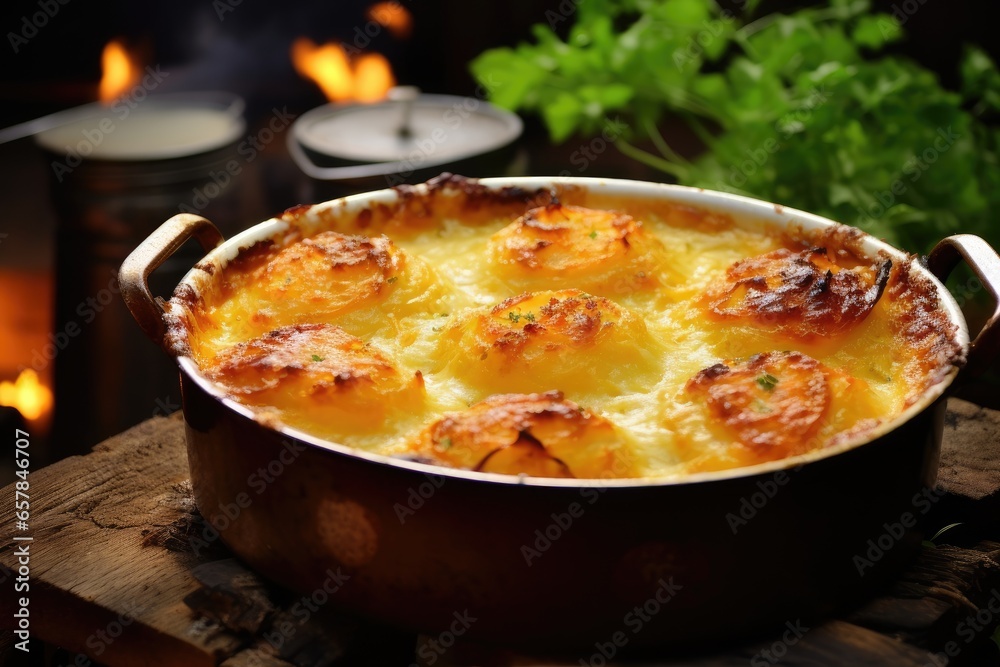 A baked potato dish with cheese and herbs in a tray.