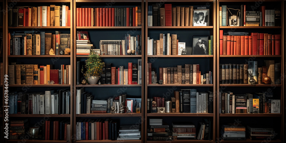 Bookshelf filled with a variety of educational books, from literature to science, organized yet slightly disheveled, warm home lighting Bookshelf filled with a variety of educational books, from literature to science, organized yet slightly disheveled, warm home lighting