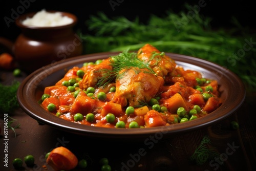 A dish with chicken, peas, and dill stew in a black bowl.