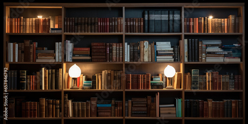 Bookshelf filled with a variety of educational books, from literature to science, organized yet slightly disheveled, warm home lighting