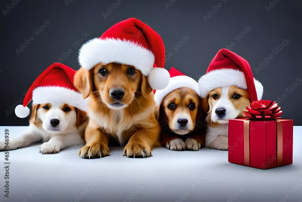A group of playful puppies wearing Santa hats and playing with Christmas presents.