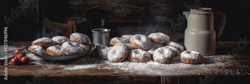powdered sugar donuts in a rustic setting, textured wooden backdrop, twine and old - fashioned scissors nearby, moody atmosphere