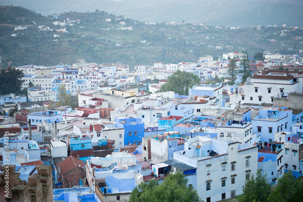 Beautiful blue city Chefchaouen in Marocco view from above 