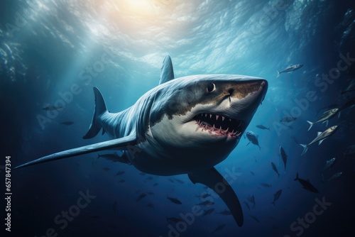 A powerful and majestic great white shark gracefully glides through the clear blue ocean. Perfect for marine life enthusiasts and educational materials about sharks.