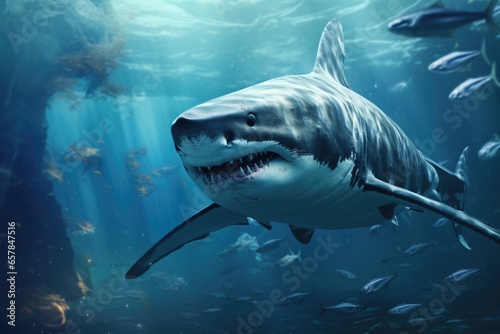 A powerful great white shark gracefully swimming in an aquarium. Perfect for educational materials or articles about marine life and conservation efforts.