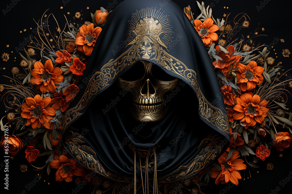 Human skull and flowers on a black background santa muerto mexican day traditional embroidery pattern generative AI - obrazy, fototapety, plakaty 