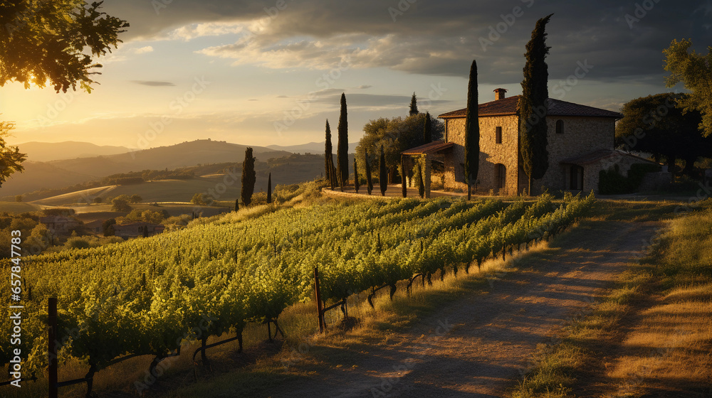 uscan vineyard during golden hour, rolling hills covered with ...