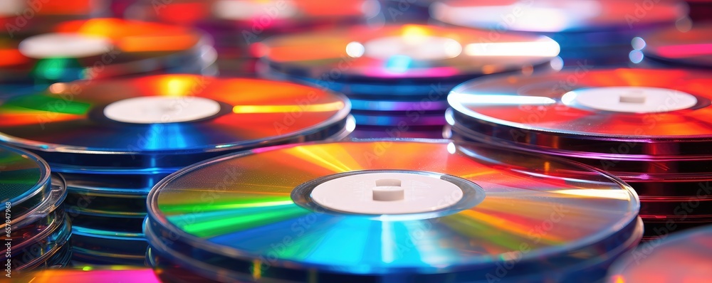 Stack of CDs close up. Compact disc. Generative AI. Stack of CDs close up. Compact disc. Generative AI.