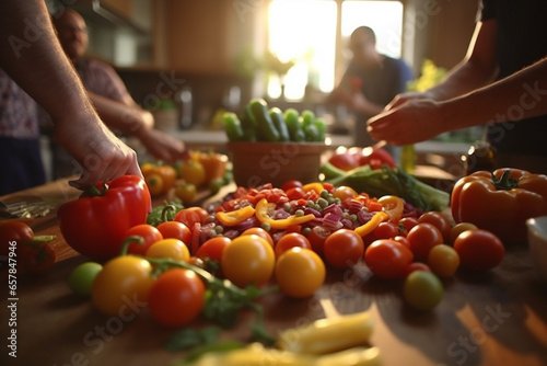 People cooking salad with tomatoes at kitchen table