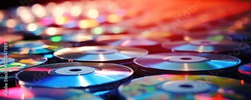 Stack of CDs close up. Compact disc. Generative AI. photo