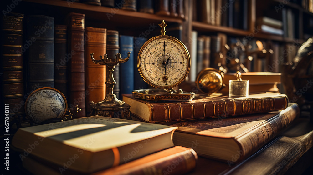 Stack of textbooks on a wooden desk, focused lighting, in a vintage - styled library, antique leather - bound books, mathematical tools like compass and ruler beside them Stack of textbooks on a wooden desk, focused lighting, in a vintage - styled library, antique leather - bound books, mathematical tools like compass and ruler beside them
