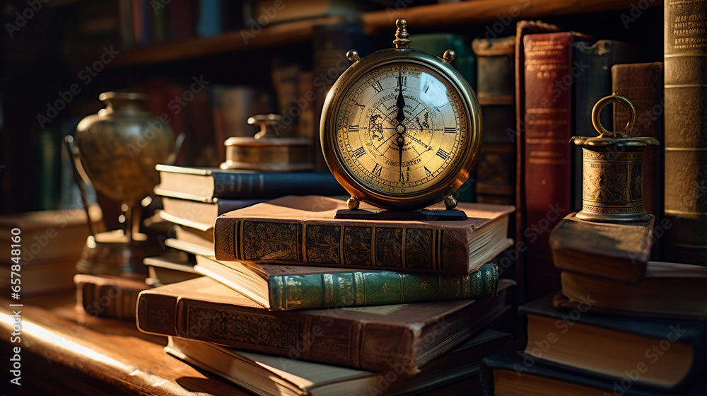 Stack of textbooks on a wooden desk, focused lighting, in a vintage - styled library, antique leather - bound books, mathematical tools like compass and ruler beside them Stack of textbooks on a wooden desk, focused lighting, in a vintage - styled library, antique leather - bound books, mathematical tools like compass and ruler beside them