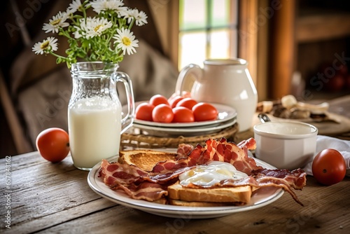 Breakfast with fresh strawberries, milk and cookies on wooden table. Breakfast with bacon, eggs and milk on rustic wooden background