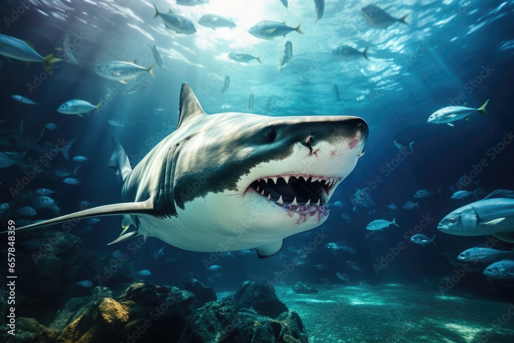 Obraz premium A captivating image of a shark with its mouth wide open in an aquarium. This picture can be used to depict the power and strength of these fascinating creatures. Perfect for educational materials, nat
