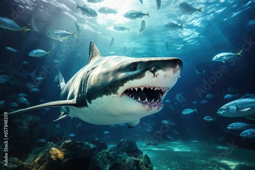 A captivating image of a shark with its mouth wide open in an aquarium. This picture can be used to depict the power and strength of these fascinating creatures. Perfect for educational materials  nat